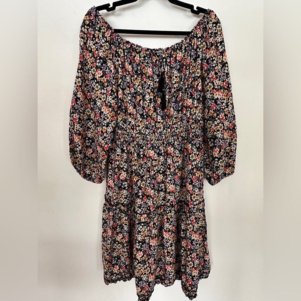 Justify Black Dark Floral Smocked Mini Dress M Puff Sleeve Fall
